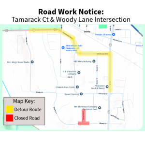 Roadwork Notice: Tamarack Ct & (intersection at) Woody Lane.
